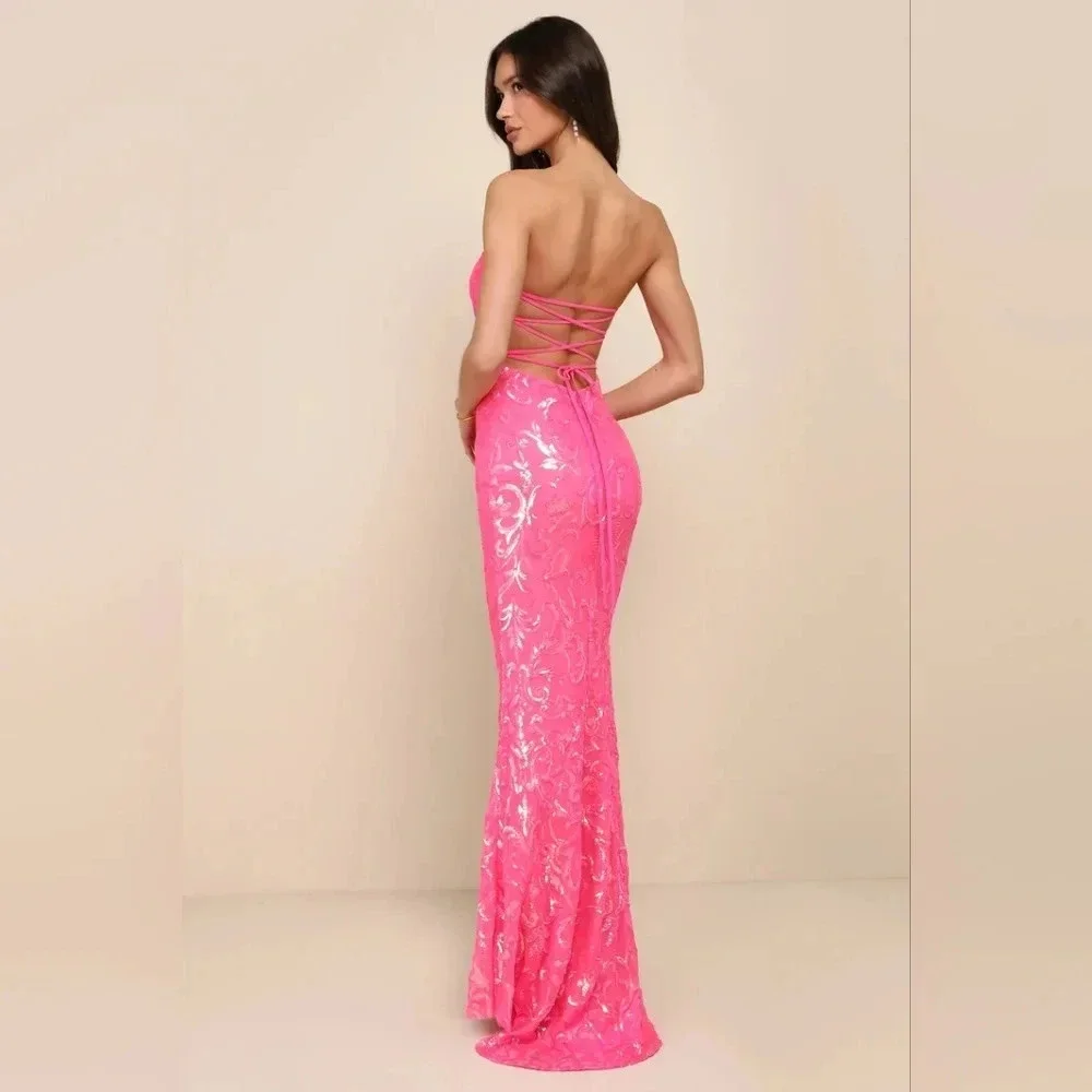 Lulus Glam Aura Hot Pink Iridescent Sequin Strapless Maxi Dress Prom Party - Picture 4 of 11